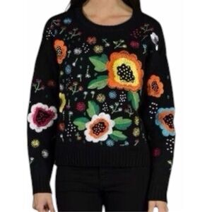 WEAVING FLOWERS Floral Embroidered Cotton Sweater Black Multicolor XS